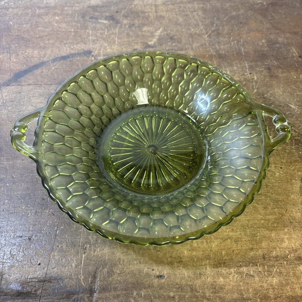 Indiana Glass Avocado Green Honeycomb 2 Handled Relish Dish Bowl